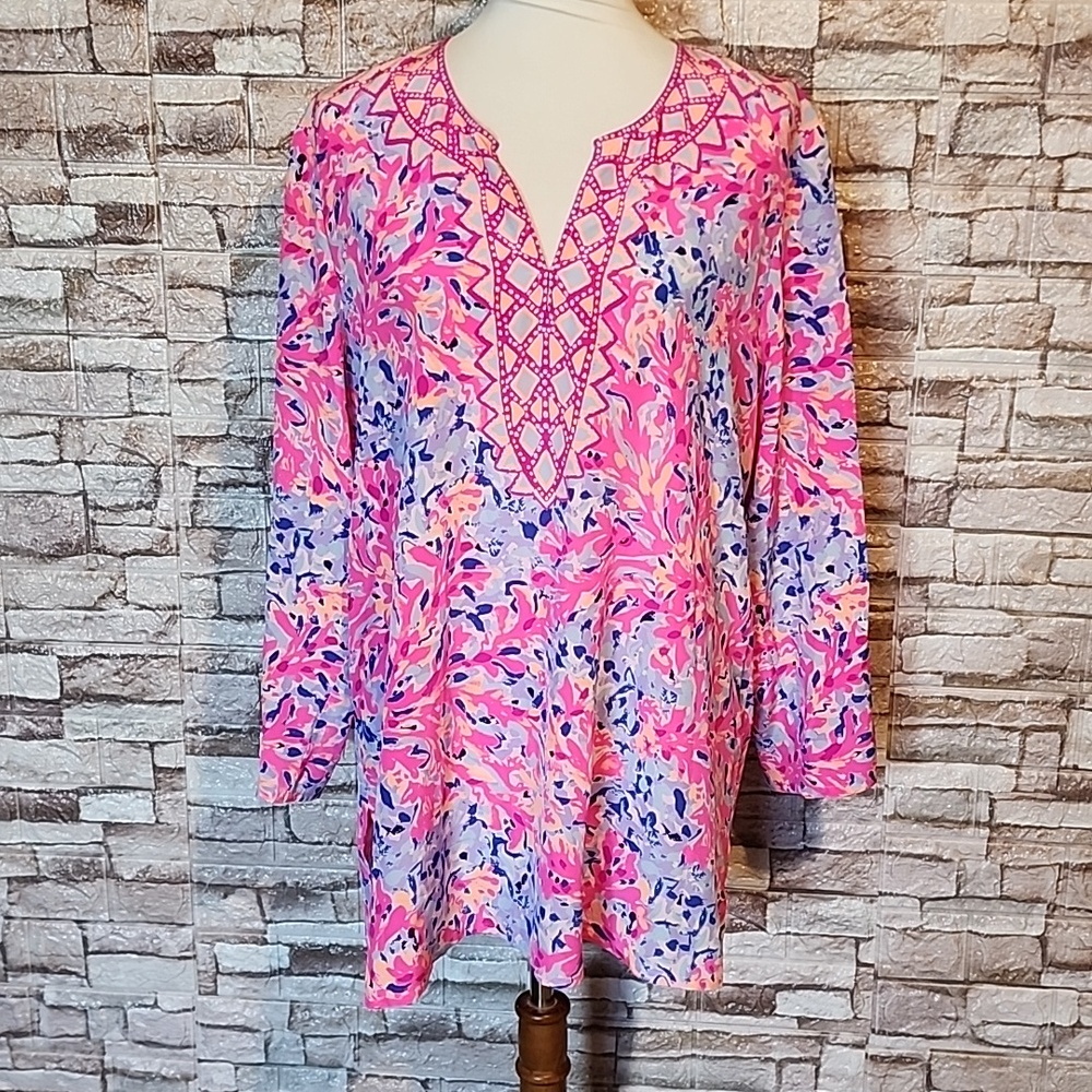 Lilly Pulitzer Pink & Blue Floral Long Sleeve Tunic Blouse